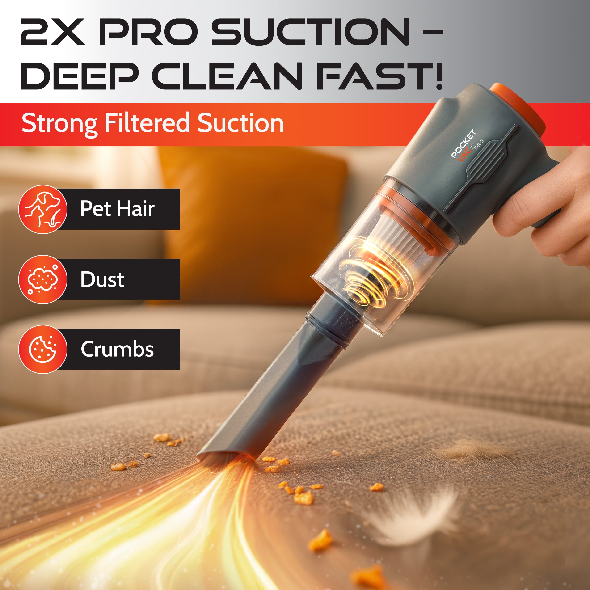 Pocket Vac Pro Cordless Handheld Vacuum , Blower with 3ft Telescoping Wand, USB Rechargeable
