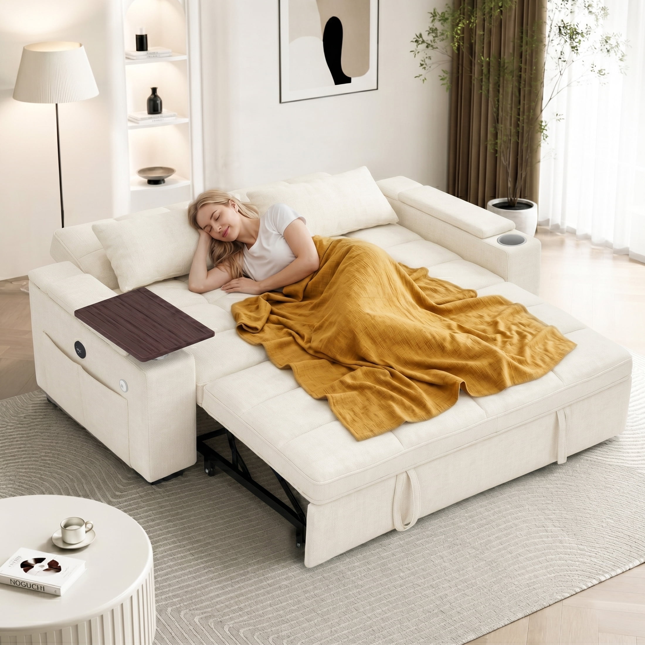 ShiKeyi 68.5'' 3-in-1 Velvet Convertible Sleeper Sofa, Pull Out Sofa Bed with Storage & Charging Port, Beige