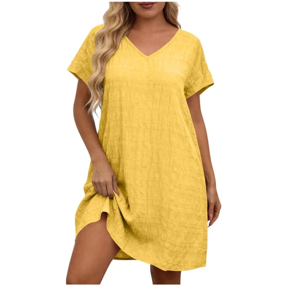 Vynhevius Plus Size T Shirt Dress for Women V Neck Short Sleeve Casual Mini Dress Textured Loose Summer Dress