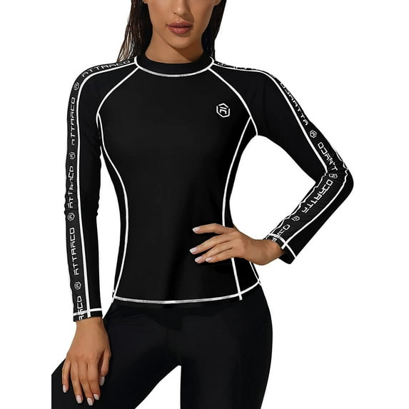 Attraco Womens Long Sleeve Rash Guard Logo Print Swimwear UPF 50+ Swimming Shirt