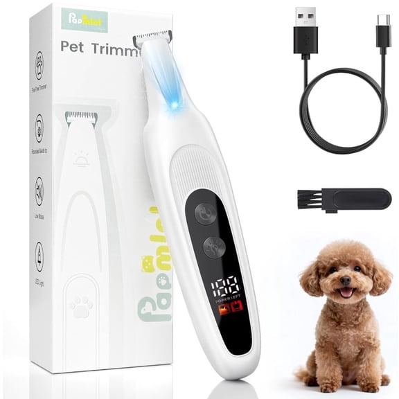 PAPMINI Ultra-Sharp Dog Paw Trimmer with LED Light, 2-Speed Low Noise Rechargeable Pet Grooming Clipper (White)