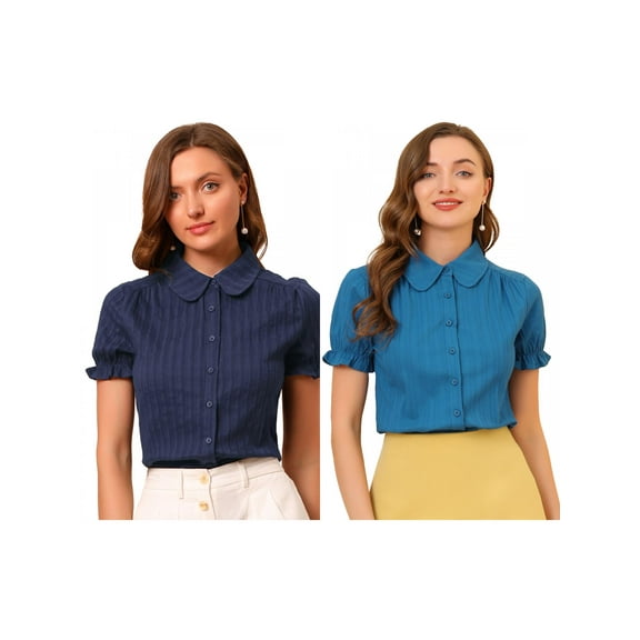 NOMADIC NOOK Women's 2 Packs Cotton Frilled Top Turndown Collar Striped Blouse XS Blue/Ocean Blue