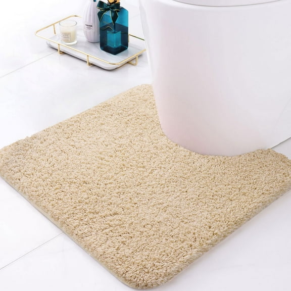 Smiry Microfiber U-Shaped Toilet Rugs, Shaggy Soft and Absorbent Contour Rugs, 24"x20" Non Slip Toilet Carpets for Bathroom, Beige