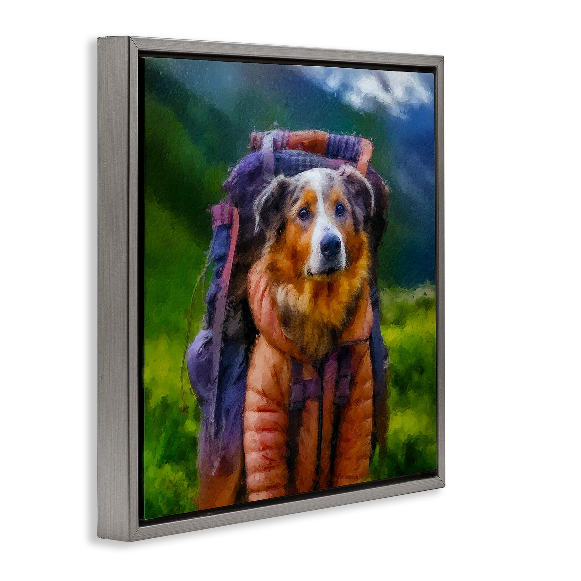 Stupell Industries Backpacking Hiker Dog Gray Framed Floater Canvas Wall Art, design by Sean Parnell