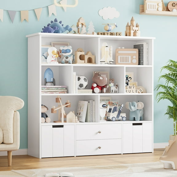 Hiphuta Kids Bookcase Toy Storage Organizer, Wood Toy Cabinet of 7 Cubes & 4 Drawers, Bookshelf for Kids Room, White
