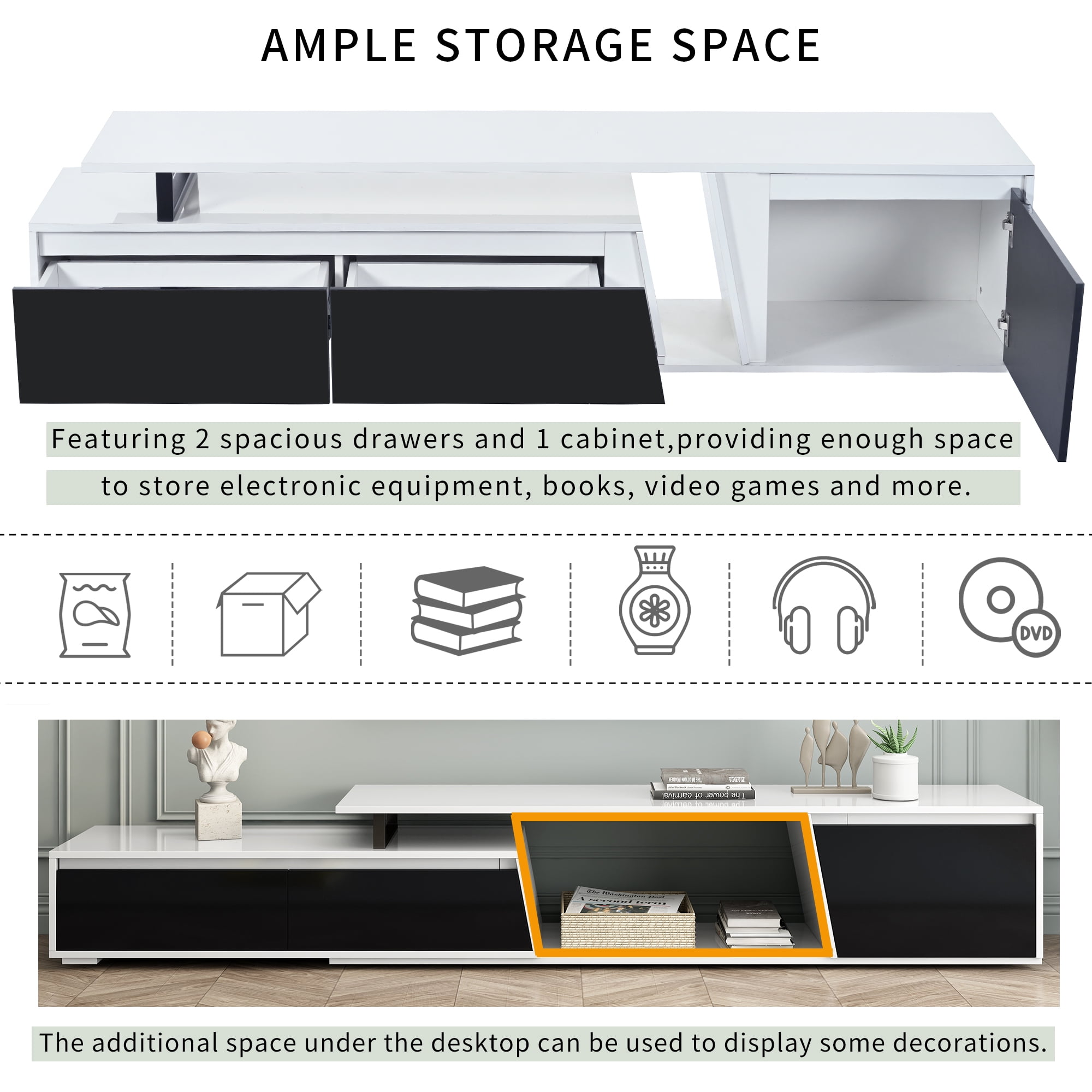 Aukfa Extendable TV Stand for TVs up to 100" with Storage Drawers & Cabinet for Living Room,White