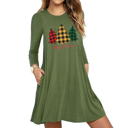 

jsaierl Christmas Dresses for Women Tree Print Long Sleeve Dress Holiday Casual Crewneck Mini Shirt Dress for Christmas Party 2022