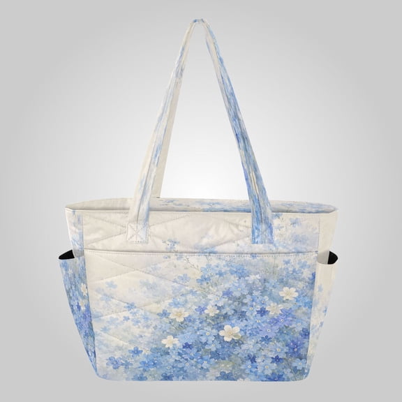 Quilted Tote Bag Large Capacity Multi-Compartment Handbag Lightweight Structured Shoulder Bag Versatile Casual Bag Dreamy Blue Florals Pattern