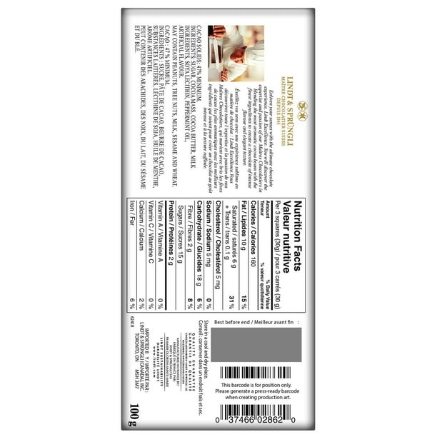 Lindt EXCELLENCE Intense Mint Dark Chocolate Bar, 100 Grams, Fresh Mint, Dark Chocolate