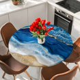 thumbnail image 2 of Abstract Waves Round Fitted Table Cover White Gold Blue Ocean Oil Painting Style Waterproof Table Cloth with Elastic Edge Wipeable Tablecloth for Picnic Camping Party Fits 45"-54" Diameter, 2 of 8