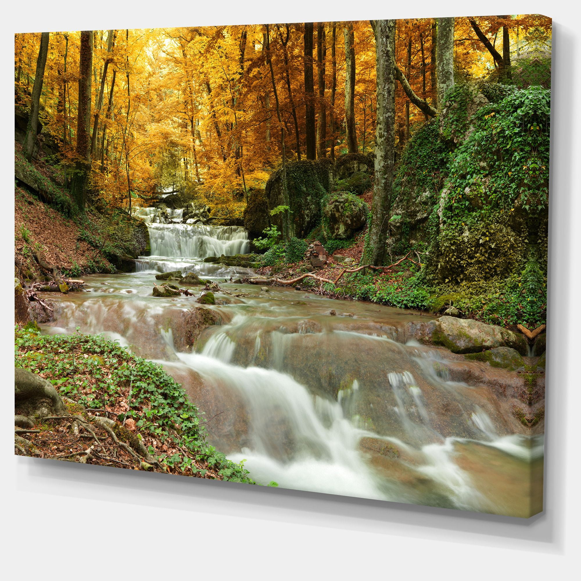 Designart 'Forest Waterfall with Yellow Trees ' Large Landscape Canvas Art Print