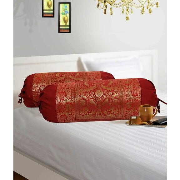 Stylo Culture Ethnic Polydupion Cylindrical Hotdog Pillow Bolster Pillow Covers Maroon Jacquard Brocade Border Elephant Large Settee Cylinder Cushion Covers (Set of 2) | 30x15 Inches (76x38 cm)