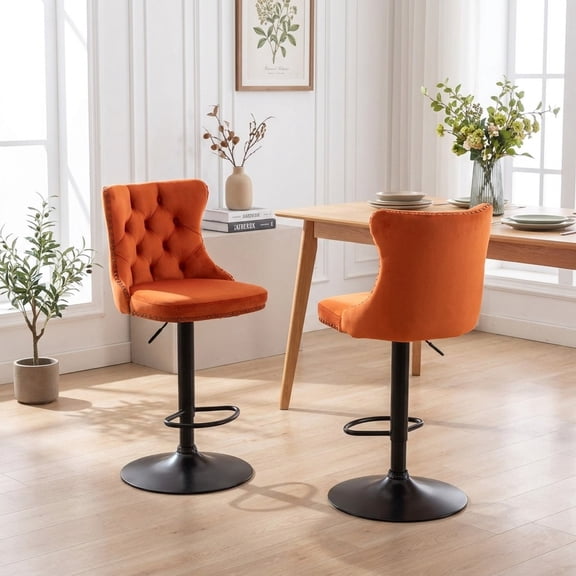 FFZ 45.6"Tall Set of 2 Velvet Bar Stools with Adjustable Height and Base, Orange