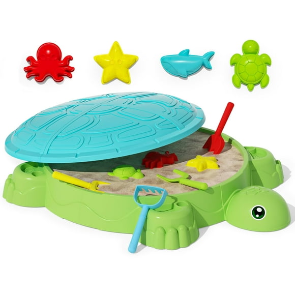 maysida Kids Turtle Sandbox with Lid, Sand Box Toys with Cover for Toddlers 3-5, 8 PCS Sand Toys Set, Summer Beach Outdoor Indoor Toy Playset Gift for Girls Boys 3 4 5 6