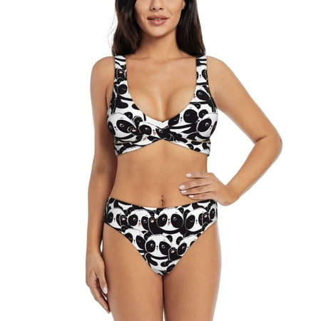 Zeuib Panda High Waisted Tummy Control Bikini Set - Knot Front Push Up Top & Cheeky Thong Bottom  Two-Piece Swimsuit for Women-Large