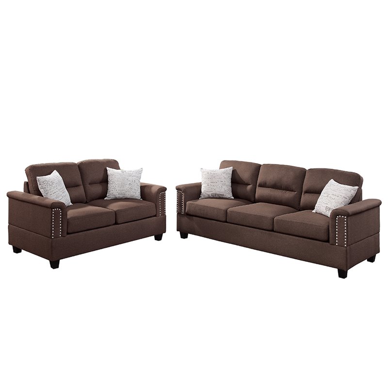 Poundex Furniture 2 Piece Fabric Sofa and Loveseat Set in Chocolate