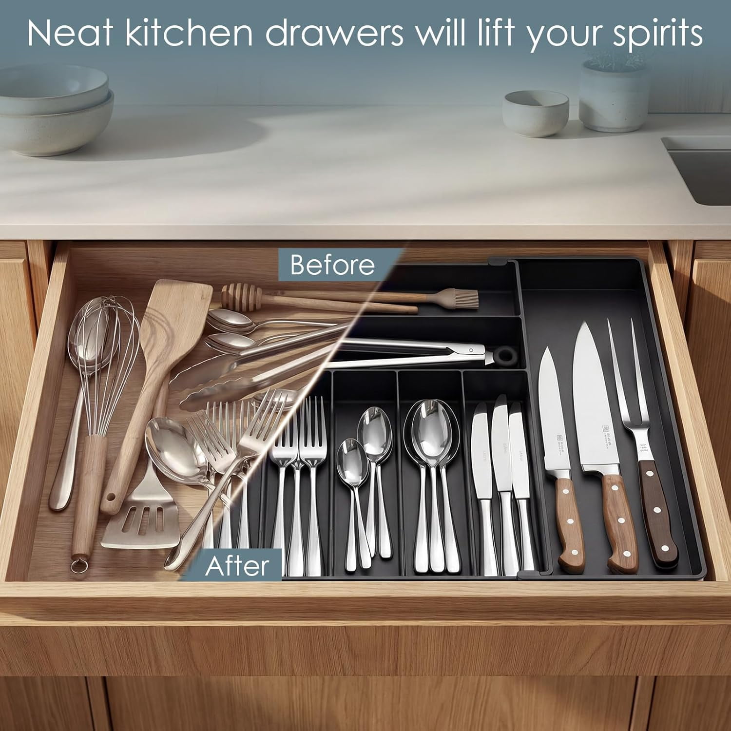 Extra Large Silverware Organizer, Slot Expandable Kitchen Drawer Organizer, Utensil Holder, Heavy Duty Stainless Steel Frame Silverware Drawer Organizer