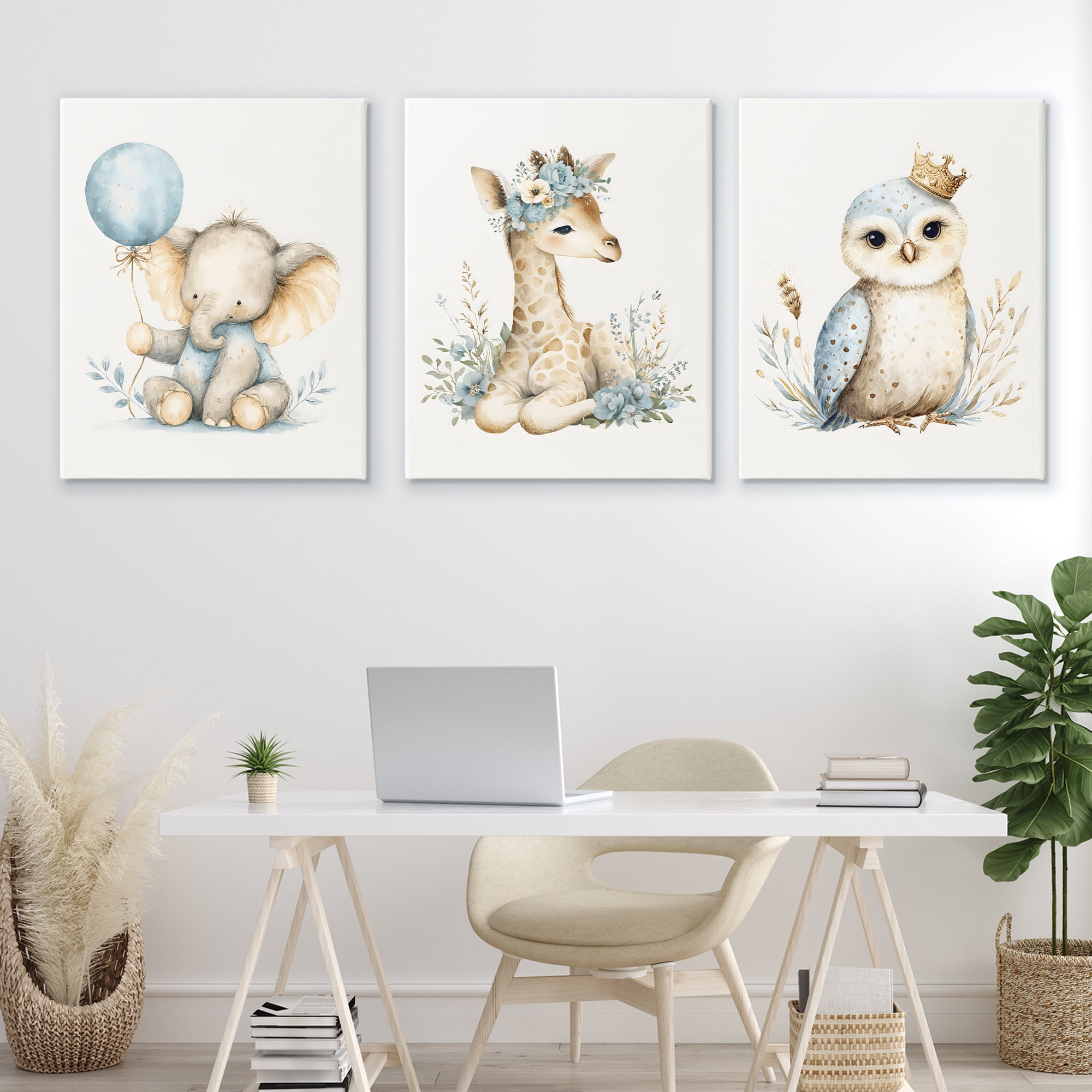 Stupell Industries Watercolor Nursery Animals 3 Piece Canvas Wall Art Set, design by LSR Design Studio