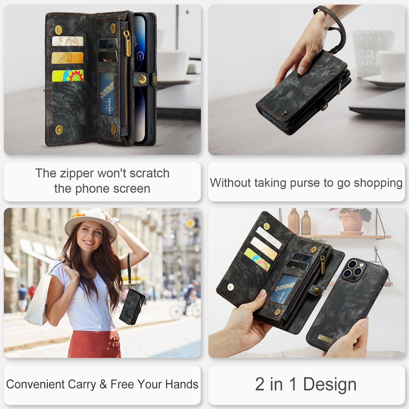 TECH CIRCLE Apple iPhone 13 Pro Max Case,iPhone 13 Pro Max Wallet Case with Card Holder Kickstand Zipper Pocket Lanyard Strap Wristlet PU Leather Flip Case Wallet for iPhone 13 Pro Max 6.7 inch,Black