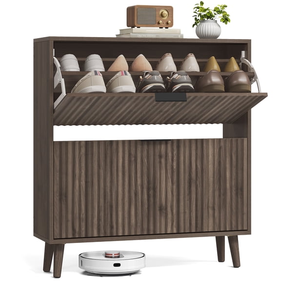 VASAGLE Shoe Storage Cabinet with 2 Flip Drawers, Freestanding Narrow Shoe Rack Organizer for Entryway, Fluted Doors, Fits 12-16 Pairs, Walnut Brown