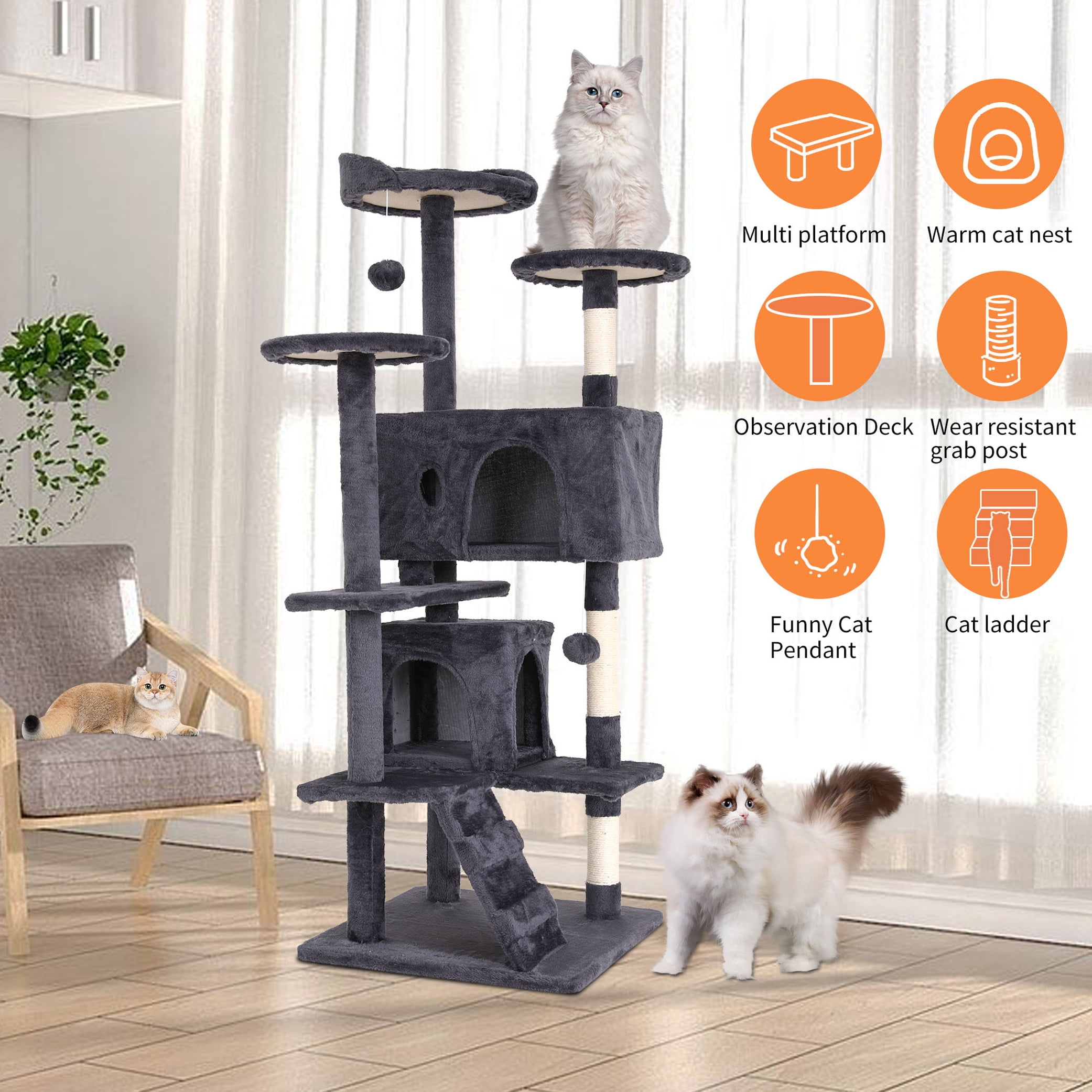 XF XINFENG 54in Cat Tree Tower Stand Multi-Level Kittens Cozy Condo Furniture Cats House with Funny Toys Scratching Sisal Posts for Indoor, Ashy