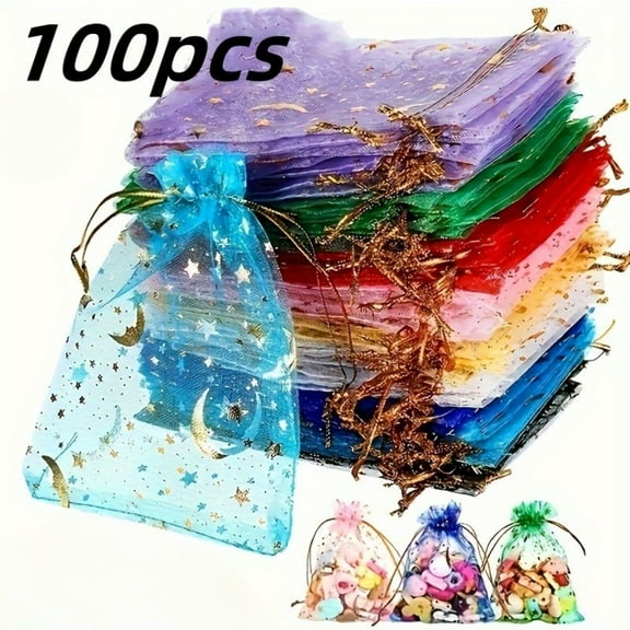 100pcs Organza Bags 4.72x3.54in Small Drawstring Bags with Moon Star Pattern for Candy/Jewelry