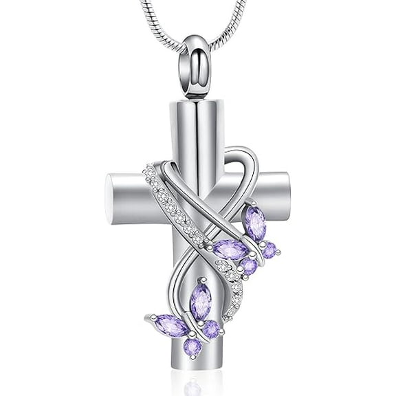 Crystal Butterfly Cross Urn Necklace for Ashes Men Women Cremation Jewelry Ashes Pendant for Human Memorial Ash Jewelry