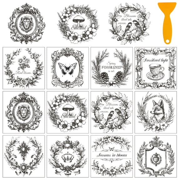 12 Sheets Black Wreath Theme Rub on Transfer Stickers Vintage Photo Frame Sticker Clings Home Decor Stickers