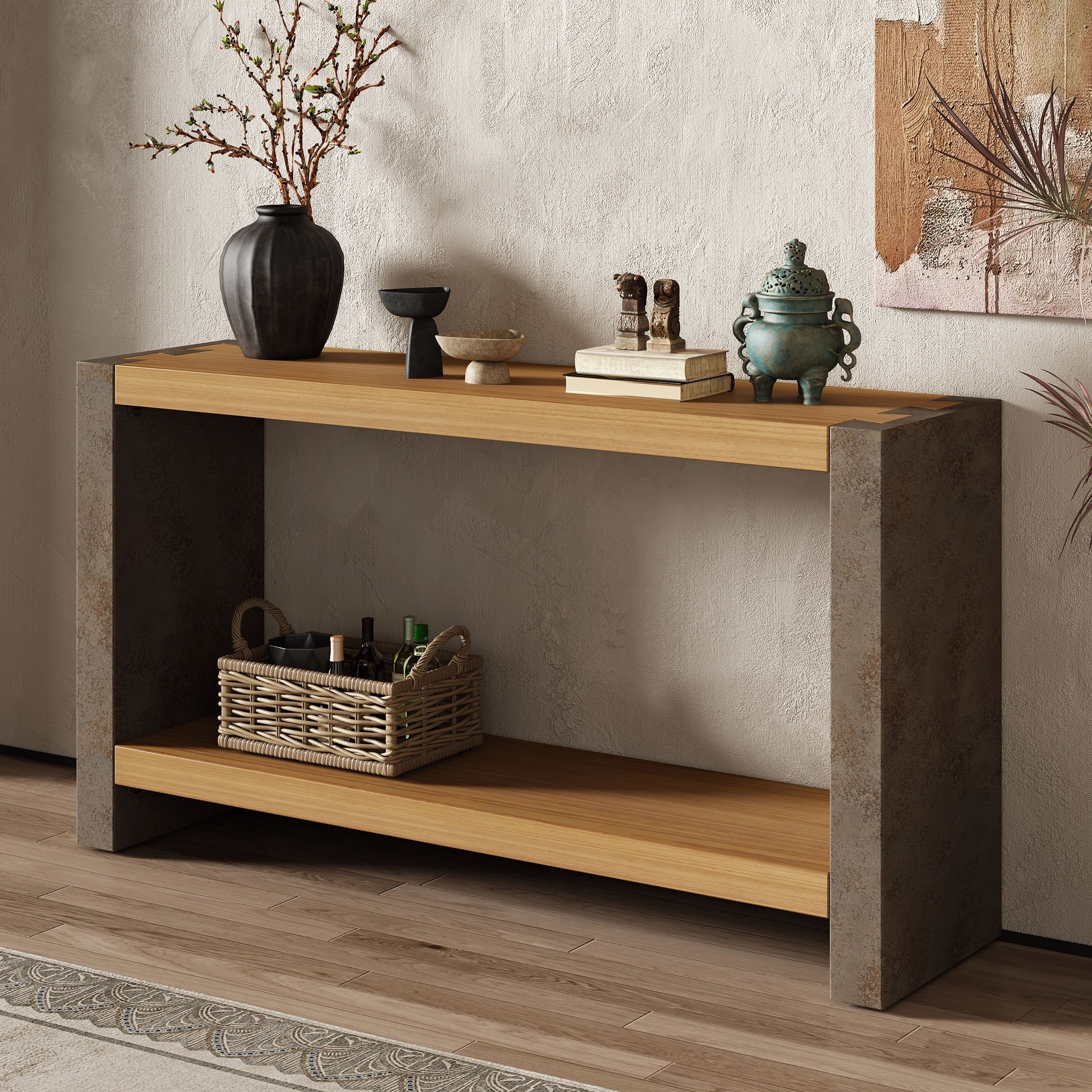 EUROCO 59" Vintage Industrial Console Table,2-Tier Narrow Long Sofa Table Entryway Table with Open Storage Shelf & Dovetail Joinery for Living Room,Brown