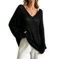 thumbnail image 2 of V Neck Sheer Knit Sweater For Women, Long Sleeve Flare Sleeve Lightweight Knit Blouse, Loose Slouchy Pullover Top For Weekend Outings, 2 of 7