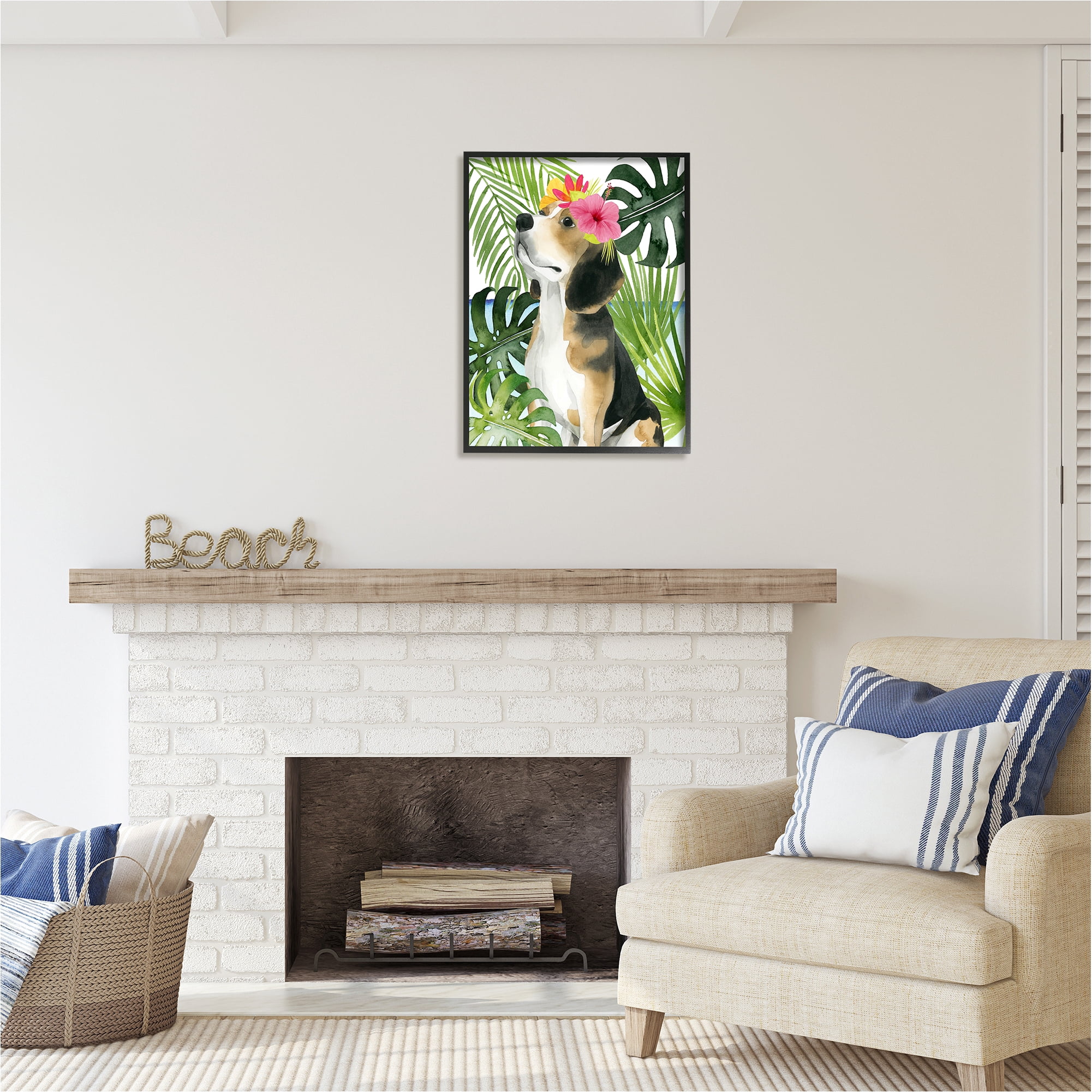 Stupell Industries Puppy with Hibiscus Animals & Insects Painting Black Framed Art Print Wall Art, 24 x 30