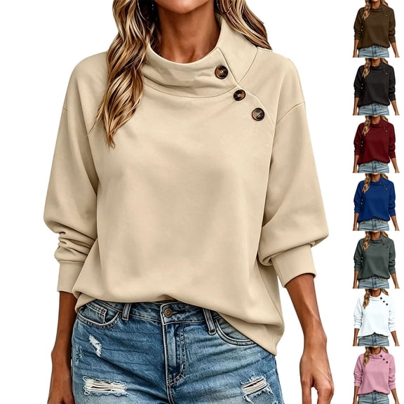 Warm Winter Women Solid Cowl Neck Button Sweatshirt Long Sleeve Loose Fit Soft Casual Pullover White
