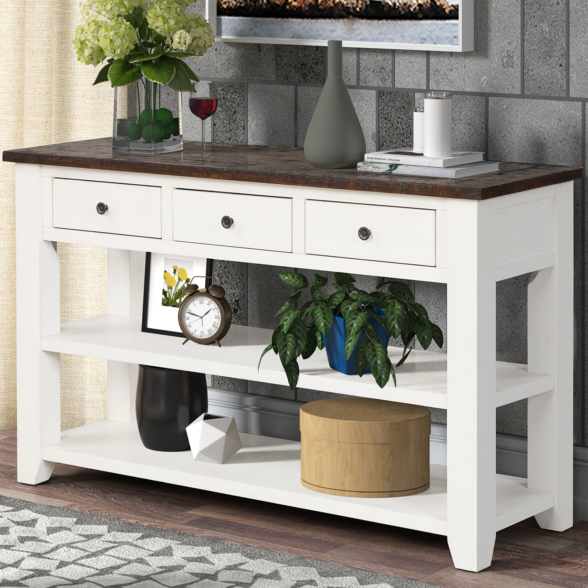 48'' Solid Pine Wood Top Console Table, Modern Entryway Sofa Side Table with 3 Storage Drawers and 2 Shelves. Easy to Assemble (Antique White+ Brown Top)