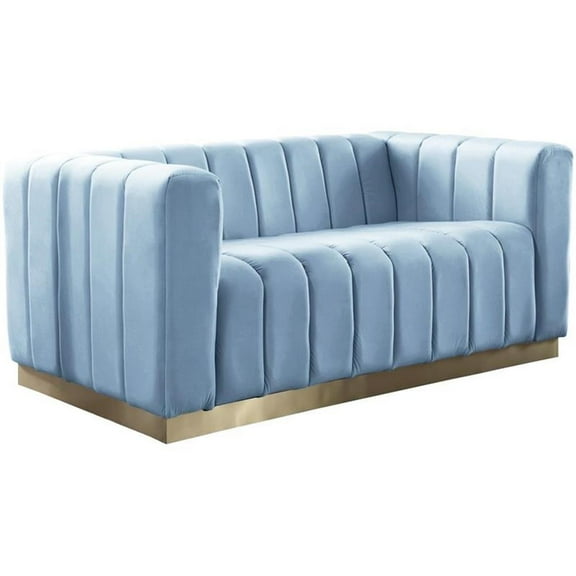 Maklaine Contemporary Velvet/Stainless Steel Loveseat in Sky Blue/Brushed Gold