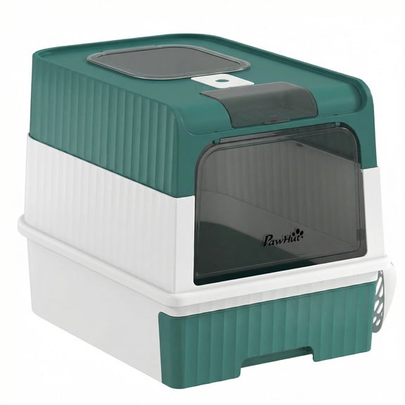 Dranite Hooded Cat Litter Box, Drawer, Front & Top Exit, Easy Clean, Teal