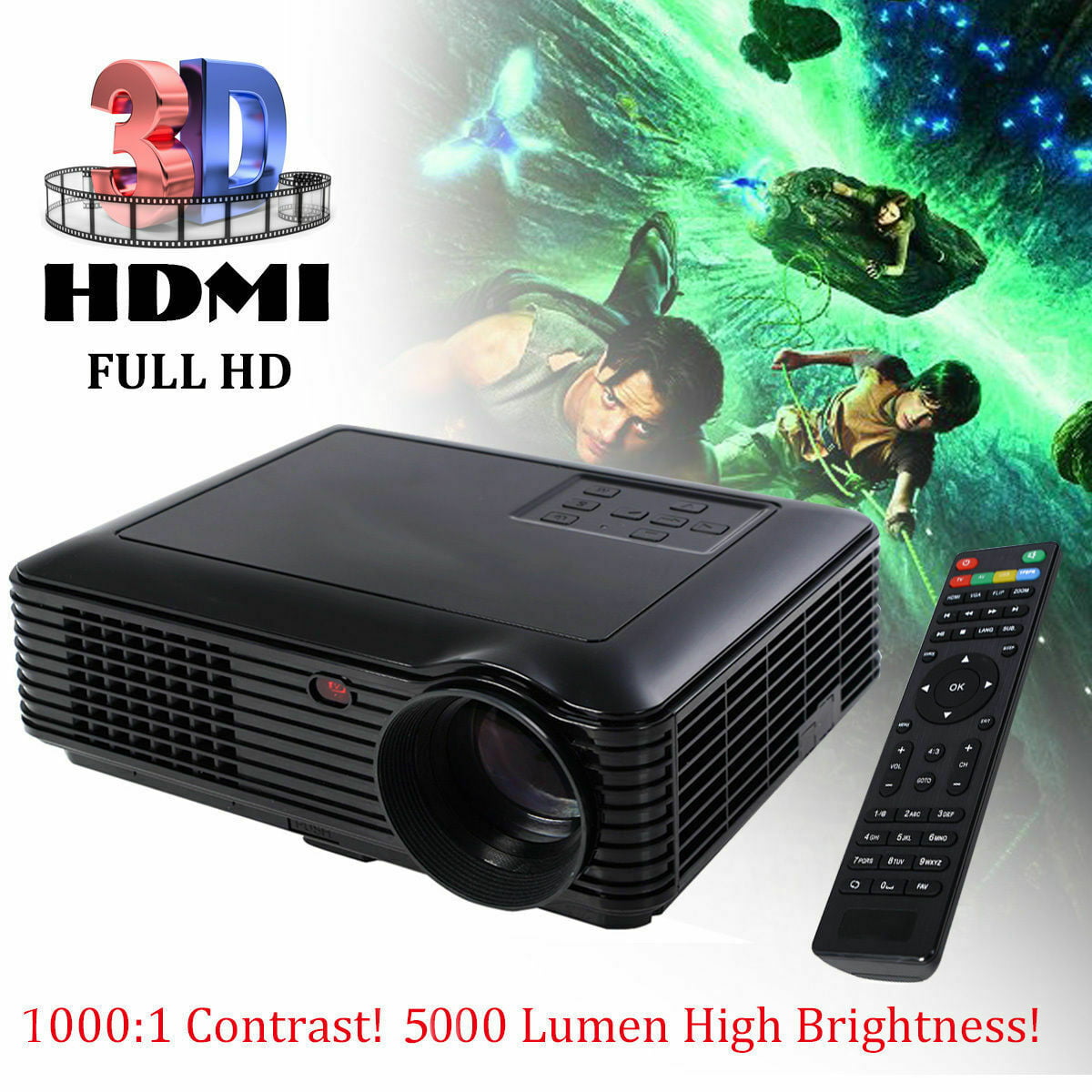 Portable 5000 Lumens HD 1080P 3D Multimedia Projector LED Home Theater HDMI USB 