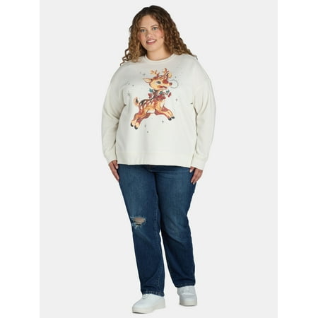 Terra & Sky Women's Plus Size Embellished Reindeer Graphic Sweatshirt with Long Sleeves, Sizes 0X-5X
