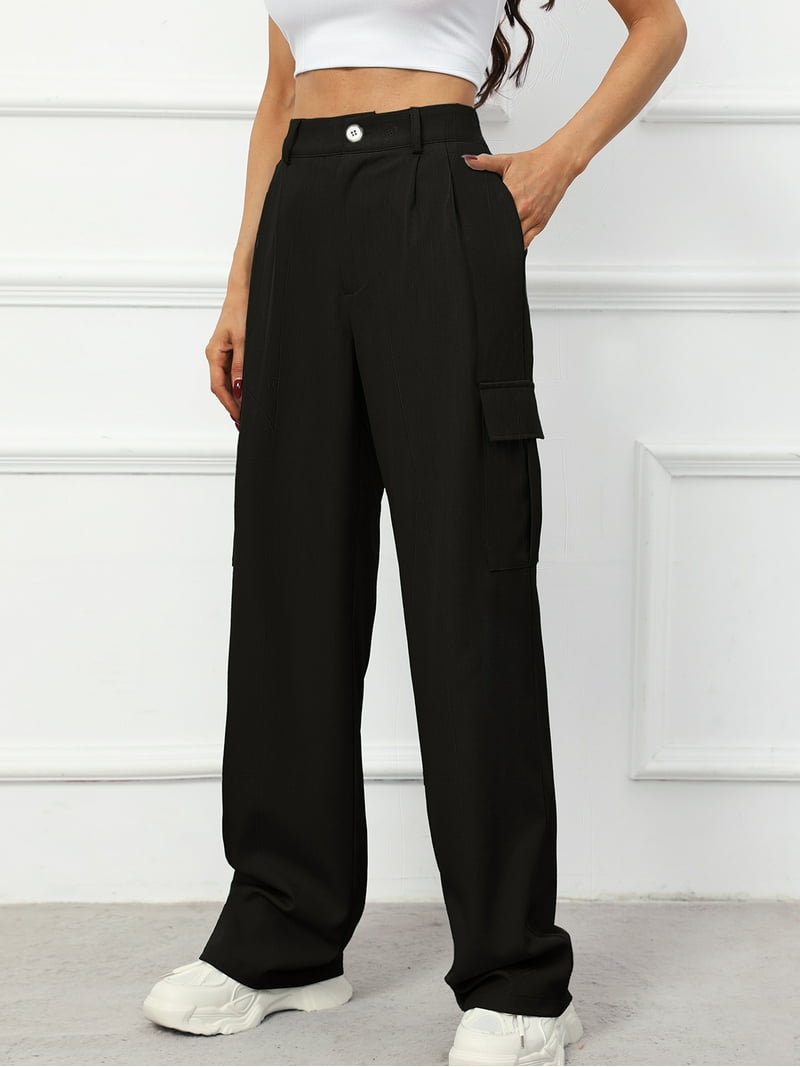 Chiclily Women Wide Leg Pants Loose High Waist Trousers Black L