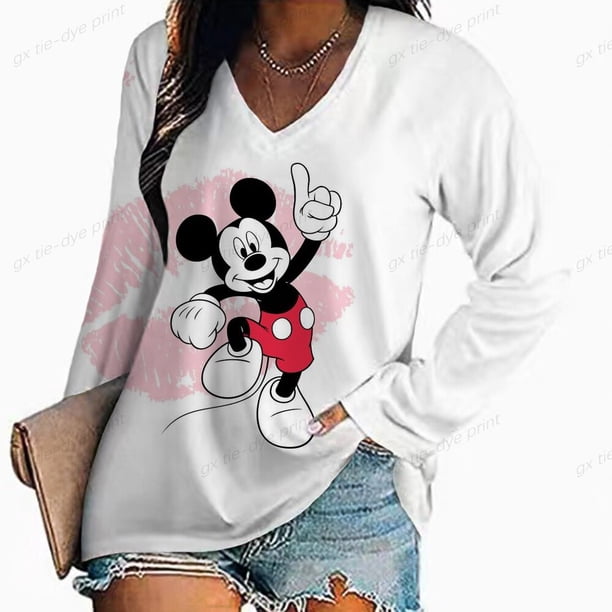 Spring Autumn Elegant Shirt Women Sexy Long Sleeve V Neck Disney Mickey Mouse Floral Print T Shirt Casual Loose PulloverXL Gao Jinjia LED