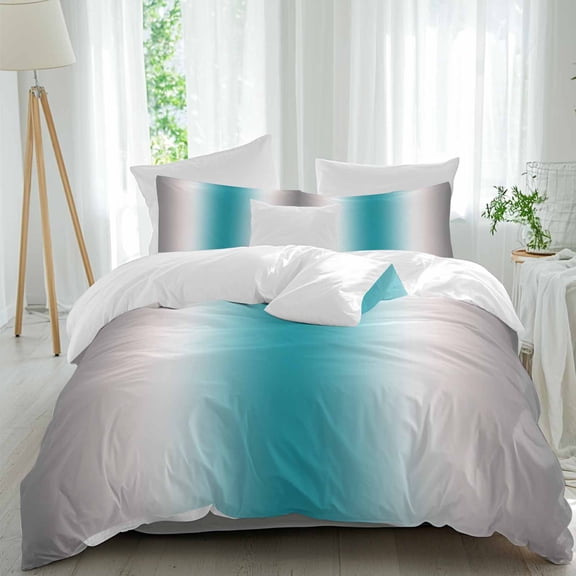 3 Piece Turquoise Gray Ombre Duvet Cover Set Full Size,Microfiber Comforter/Quilt Cover with Corner Ties and 2 Pillowcases,Farmhouse Teal Gradient Modern Art All Season Bedding with Zipper Closure