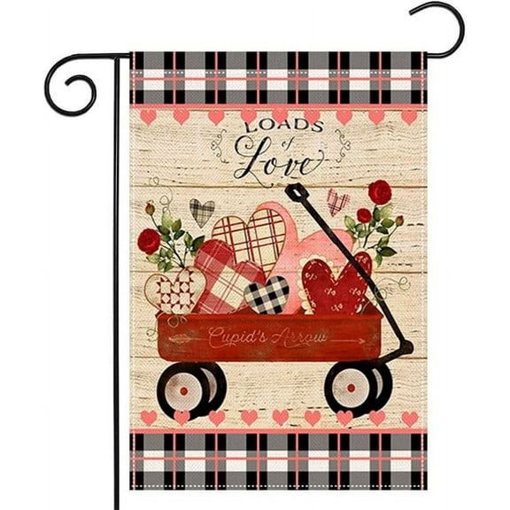 Happy Valentine''s Day Garden Flag 12.5 x 18 Inch Loads of Love Heart Buffalo Plaid Decorative Double Sided Flag for Wedding Valentine''s Day Decoration