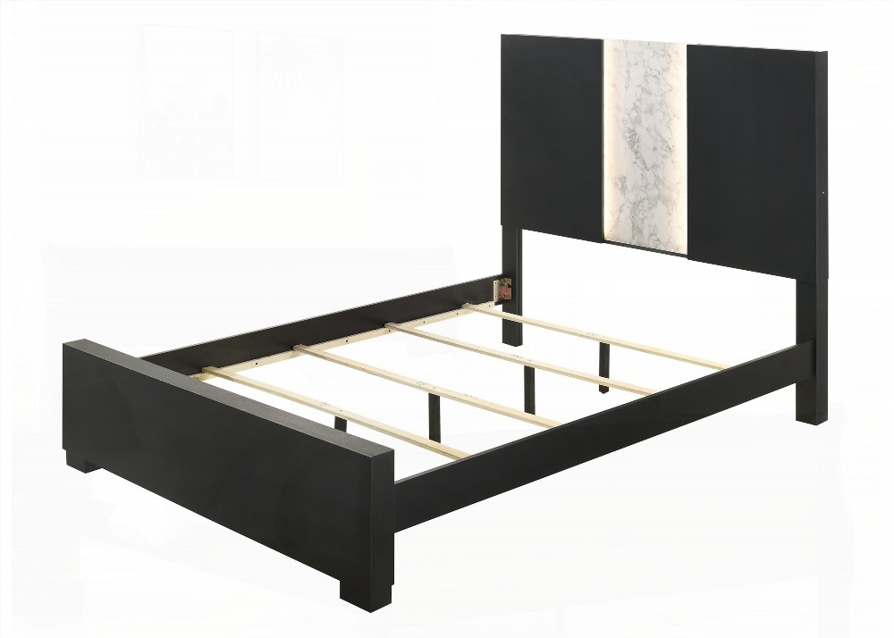 King Size Wooden Platform Bed Frame with Black Finish and LED Light Headboard for Bedroom
