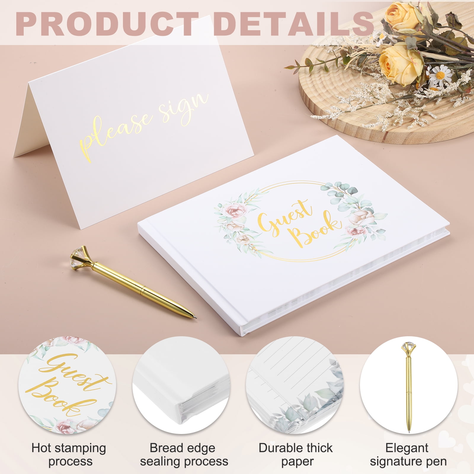 Uxcell Guest Book, 9.3x7" Elegant Wedding Guestbook Flower Wreath Cover Memory Book with Diamond Signing Pen and Greeting Card for Wedding Bridal Shower Birthday Party Events, Gold Tone