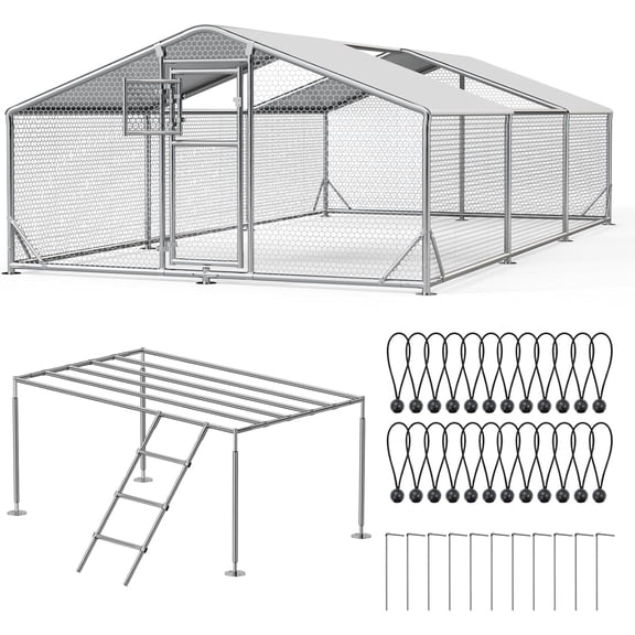 Sylviera Metal Walk-in Chicken Coop with Perch Ladder, 10x19.7x6.4FT Outdoor Poultry Enclosure, Reinforced Frame and Waterproof Cover for 30-45 Chickens