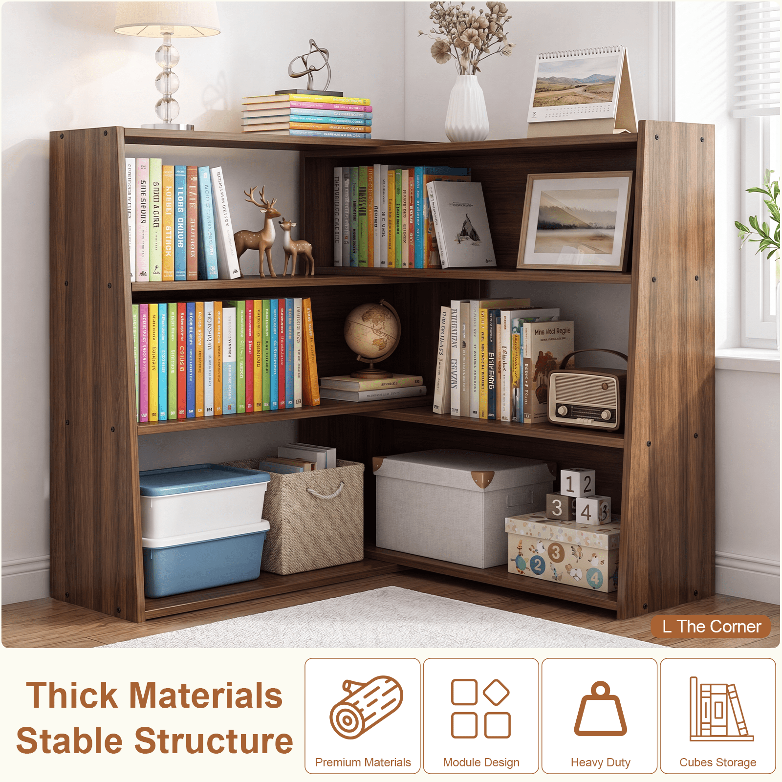 Wooden Extendable Bookshelf, 3-in-1 Convertible Bookcase for Small Space, 3-Tier Ladder Book Shelf for Living Room, Study, Bedroom, Walnut