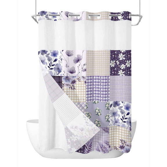 No Hook Shower Curtain with Snap-in Liner, Spring Floral Waterproof Fabric Bathroom Curtains, Dark Purple Flowers Patchwork Grid Bohemia Bath Curtains & Mesh Top Window Stall 48"x72"
