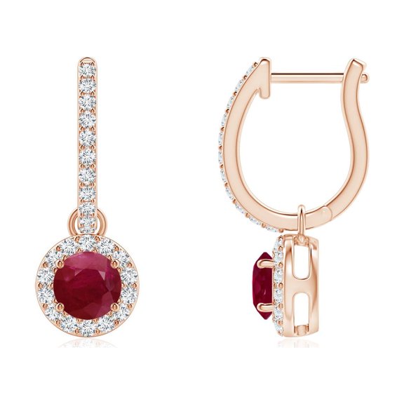 ANGARA Natural Round Ruby Dangle Earrings with Diamond Halo in 14K Rose Gold for Women (Size-4mm) | July Birthstone, Birthday, Anniversary, Jewelry Gift for Women | Natural Ruby Earrings