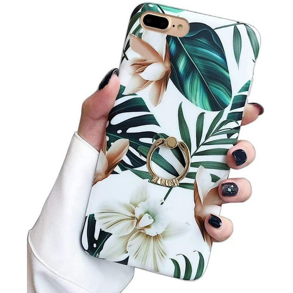 Compatible with iPhone 8 Plus Case,Compatible with iPhone 7 Plus Case 5.5 inch Flower Cute Stand Cover for Women Girls 360 Degree Rotating Ring Kickstand Soft TPU Shockproof Cover Leaf Floral