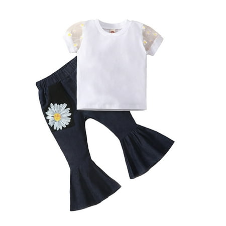 

aturustex Toddler Girls 2 Pcs Outfits Daisy Print Mesh Sheer Puff Short Sleeve T-Shirts Tops + Flare Jeans Pants