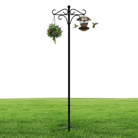 92 inch double shepherds hooks for outdoor, heavy duty bird feeder pole with 5 base prongs, adjustable garden hanging holder for bird feeders, lanterns, plant hanger stands, weddings decor